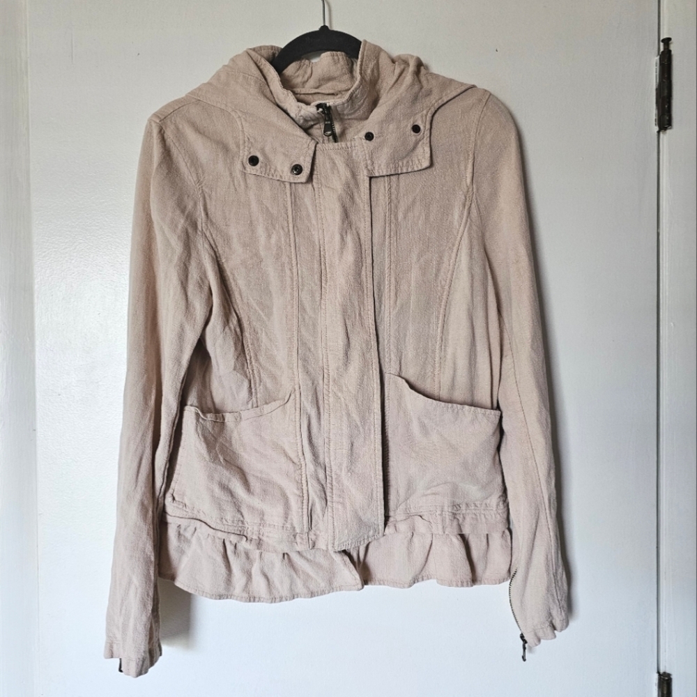 Linen blend pastel feminine style zip up hooded lightweight jacket Size S